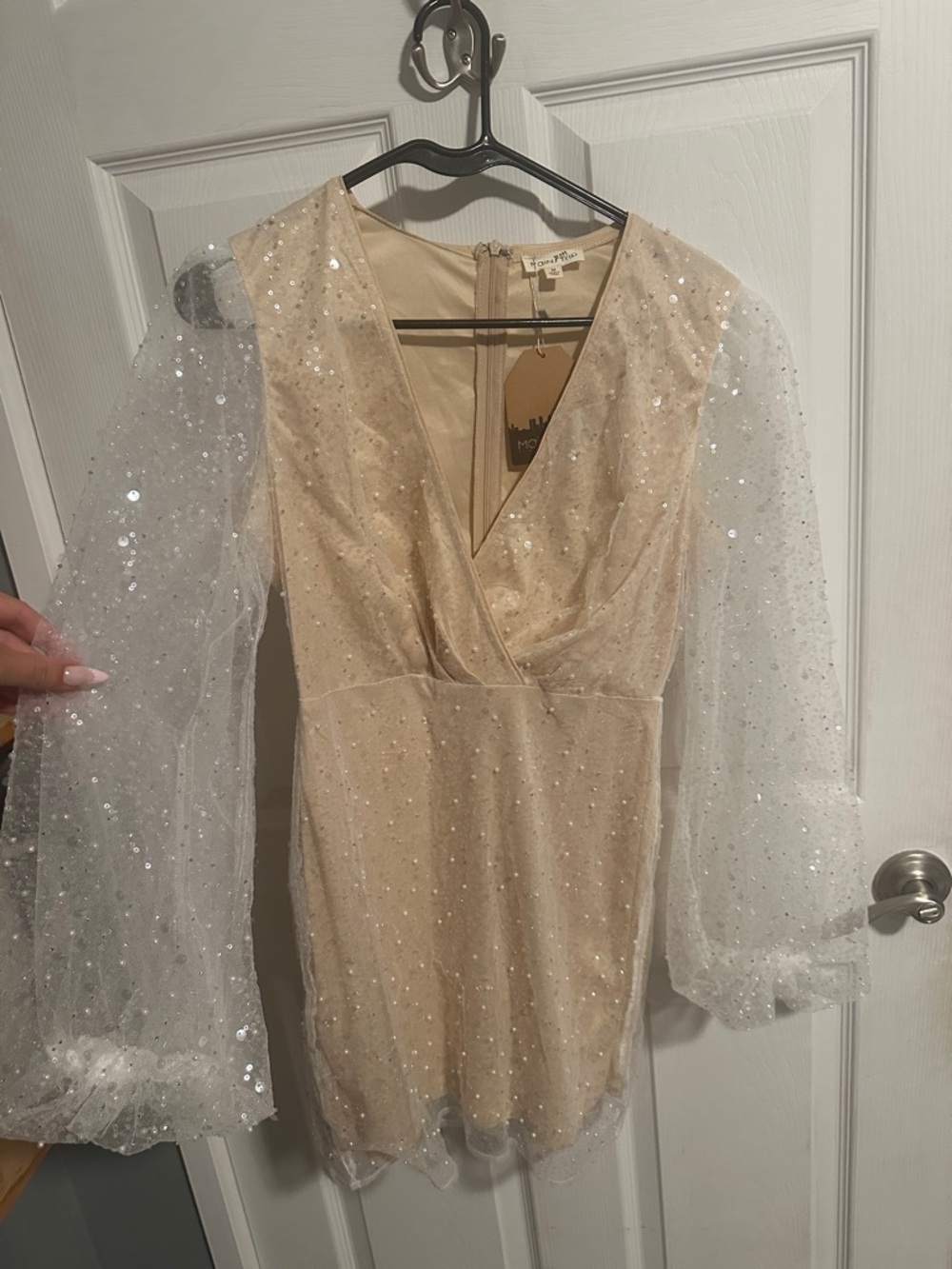 Main Strip Champagne Beaded V-Neck Dress